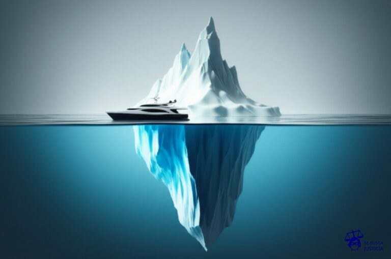 Un iceberg flotando. En la superficie, un elegante yate. Debajo de la línea de flotación, una enorme roca invisible que está a punto de hundir el yate. Representa: Un propietario vende su propiedad con una deuda pendiente que no es informada al comprador. El comprador descubre la deuda y demanda al vendedor para que pague o le devuelva el dinero.