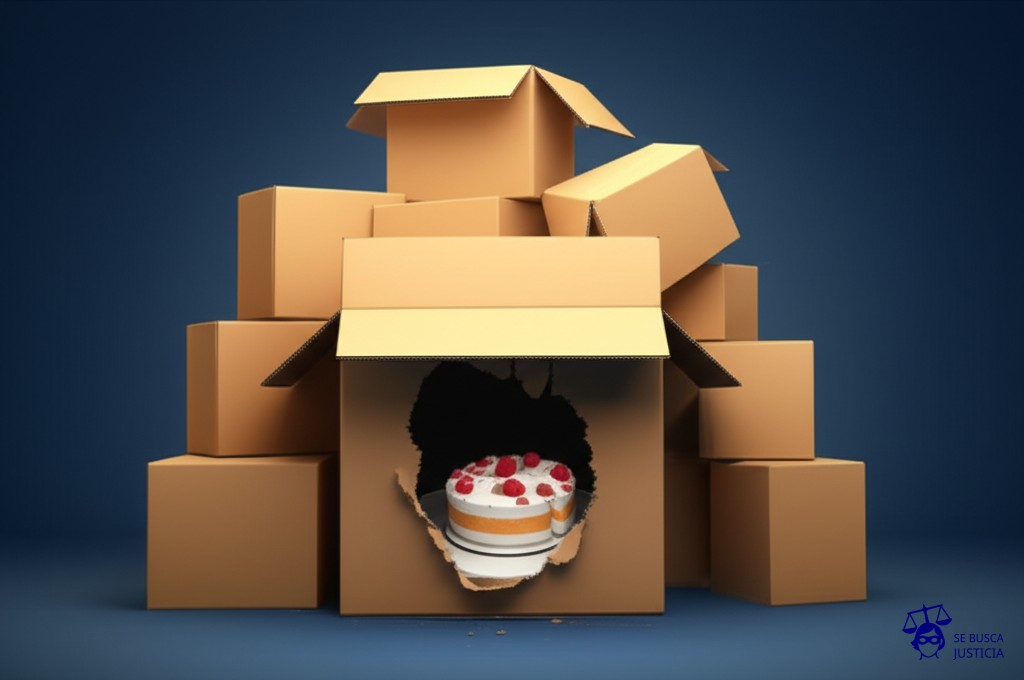 Un montón de cajas de cartón destrozadas, apiladas torpemente, con un gran agujero en el centro. Por el agujero se ven migajas de lo que parece un pastel. Representa: Un proveedor de servicios de mudanza daña o extravía enseres personales durante el traslado sin ofrecer una compensación adecuada por los bienes perdidos o deteriorados.