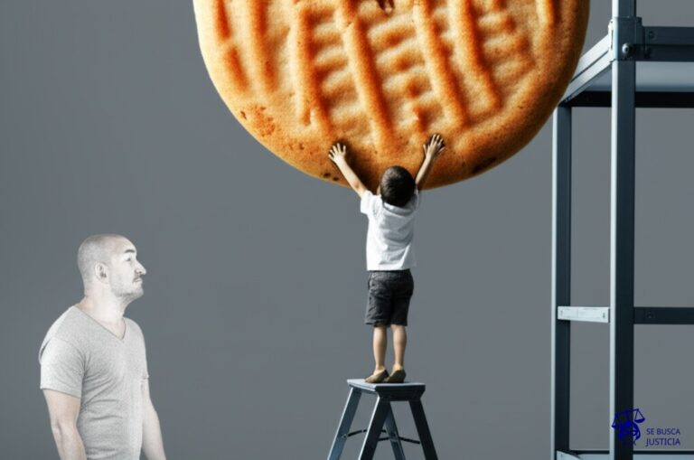 Un niño pequeño (representado por una figura simple, como un círculo con piernas y brazos) intentando alcanzar una galleta gigante (el terreno) en una estantería alta. El niño está parado sobre un taburete inestable (la firma falsificada). Al lado del taburete, hay un adulto (el padre, representado por una figura similar, pero más grande) con una expresión confusa, como si no entendiera por qué el niño está allí. La galleta está a punto de caerse, y el niño, con los brazos extendidos, parece estar a punto de atraparla. Representa: Un sujeto falsifica la firma de su padre para vender un terreno que no le pertenece. La venta se concreta y el comprador realiza la denuncia cuando descubre el engaño. El imputado es acusado de estafa y falsificación de documento. La defensa alega que el padre le había dado la autorización verbalmente para realizar la venta, aunque no pudo demostrarlo, y que el hijo solo buscaba una forma de administrar los bienes familiares.
