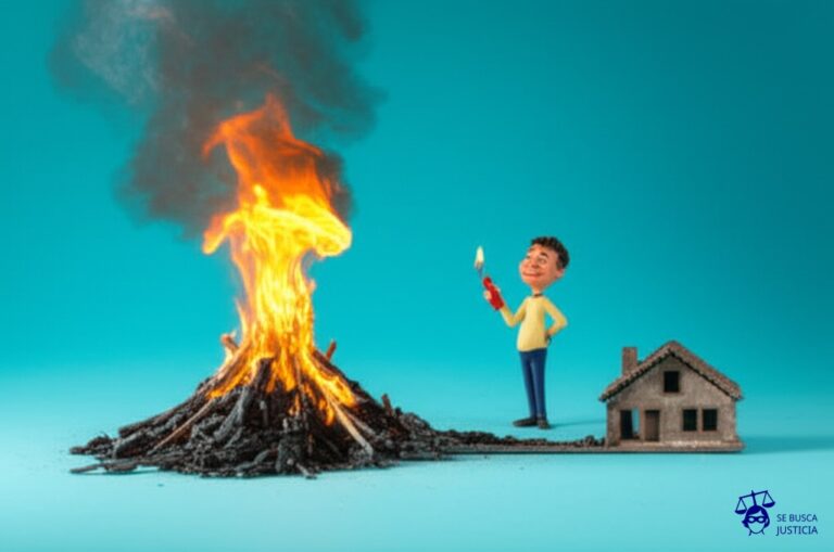 Un hombre pequeño con un encendedor en la mano, sonriendo inocentemente, parado junto a una pila de cenizas humeantes que conectan con una casa de juguete completamente carbonizada. Representa: Un vecino quema intencionalmente la basura de su propiedad, provocando un incendio que se propaga a la casa contigua y la destruye por completo. El dueño de la casa quemada denuncia el hecho. El imputado alega que solo quería deshacerse de los desechos y que el fuego se le fue de control. La defensa se centra en la falta de dolo de causar un daño mayor y la imprudencia en el manejo del fuego.