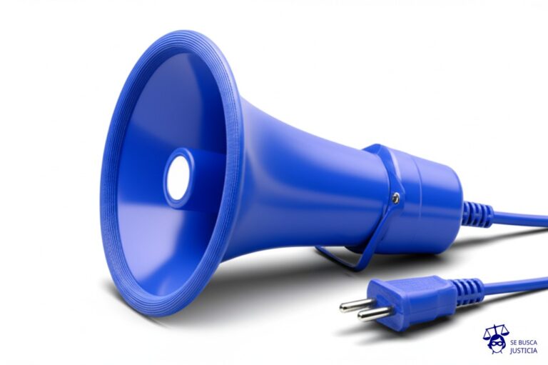 Un enorme altavoz ruidoso (el vecino molesto) con un cable desenchufado (el consorcio ineficaz), y un pequeño enchufe (la denuncia a la policía) que se dirige a conectarse desesperadamente. Representa: Un vecino realiza ruidos molestos en horarios nocturnos que impiden el descanso de los otros vecinos. El consorcio no toma medidas, lo que obliga a un vecino a denunciarlo a la policía.