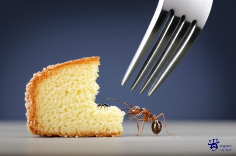 Un gran trozo de pastel (el terreno invadido) siendo comido por una pequeña hormiga (el vecino invasor), mientras un tenedor gigante (la acción legal) está a punto de aplastar a la hormiga. Representa: Un vecino realiza una construcción que invade el terreno del vecino. El propietario del terreno invadido debe iniciar acciones legales para detener la obra y recuperar su propiedad.