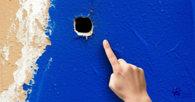 Un lado de una pared medianera impecablemente pintada, con un agujero en el centro. El otro lado, descuidado y con la pintura descascarada, donde una mano (símbolo de el vecino que pagó) apunta amenazante con un dedo (símbolo de demanda) hacia el agujero. Representa: Un vecino se niega a pagar los gastos de una obra en la pared medianera. El otro vecino, que ya pagó los costos de la reparación, lo demanda para que cumpla con su parte del pago.