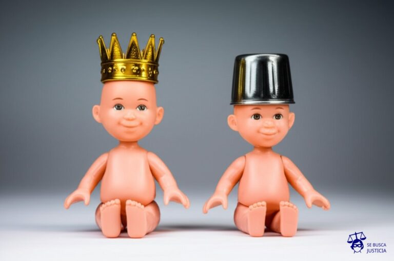 Un par de muñecos idénticos, uno con una corona de oro y el otro con una tapa de bote de basura en la cabeza. Representa: Una compañía de juguetes es demandada por replicar el diseño de un muñeco de autor, incluyendo la ropa, el peinado y los rasgos faciales, sin pagar regalías ni haber obtenido la licencia de uso.