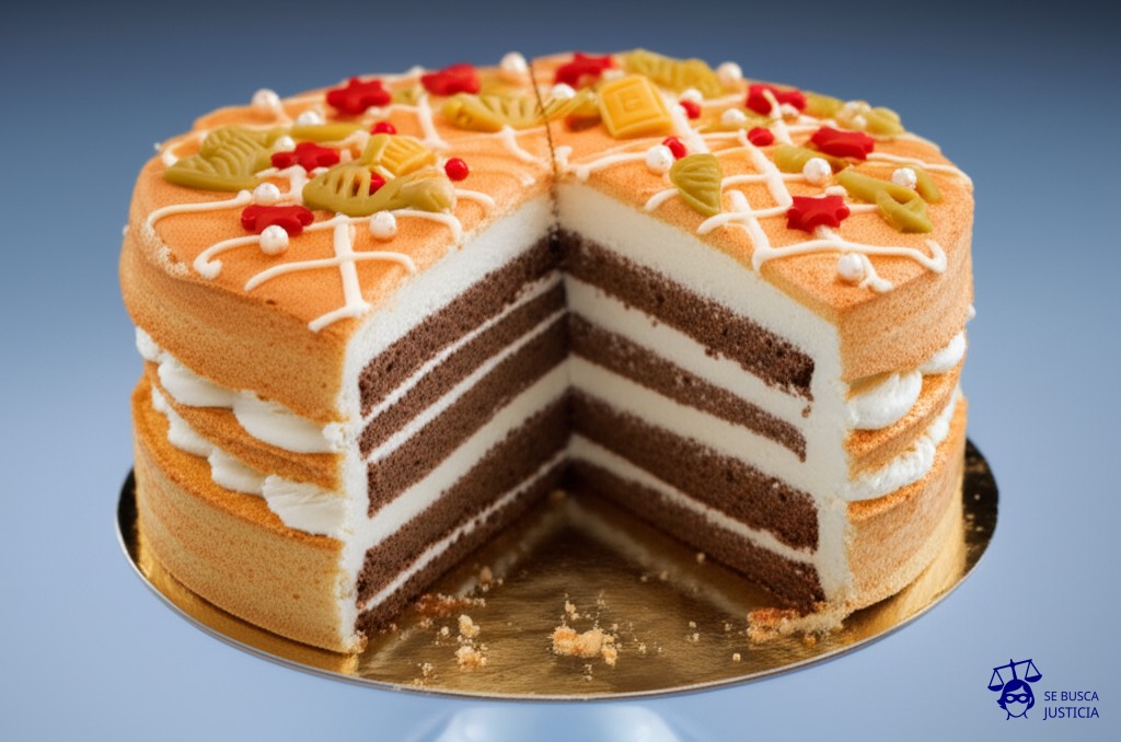 Un gran pastel decorado con elaboradas capas y adornos, pero al cortarlo, se revela que el interior es un simple bizcocho sin relleno ni sabor. Representa: Una denuncia por genocidio ante la Corte Penal Internacional sin pruebas concluyentes para establecer la intención de destruir a un grupo nacional étnico racial o religioso lo que genera un debate sobre la carga de la prueba y la politización del derecho penal internacional