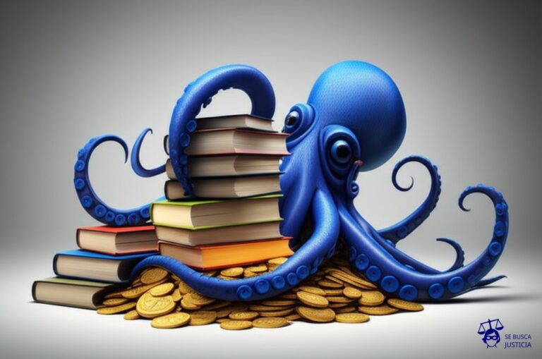 Un pulpo robusto (plataforma en línea) con muchos tentáculos robóticos (digitalización) agarrando vorazmente una pila de libros (obras protegidas). El pulpo está sentado en un montón de monedas de oro (ganancias ilegales). Representa: Una editorial acusa a una plataforma en línea de digitalizar y distribuir libros protegidos por derechos de autor, violando la propiedad intelectual de las obras y los contratos de publicación, sin autorización.