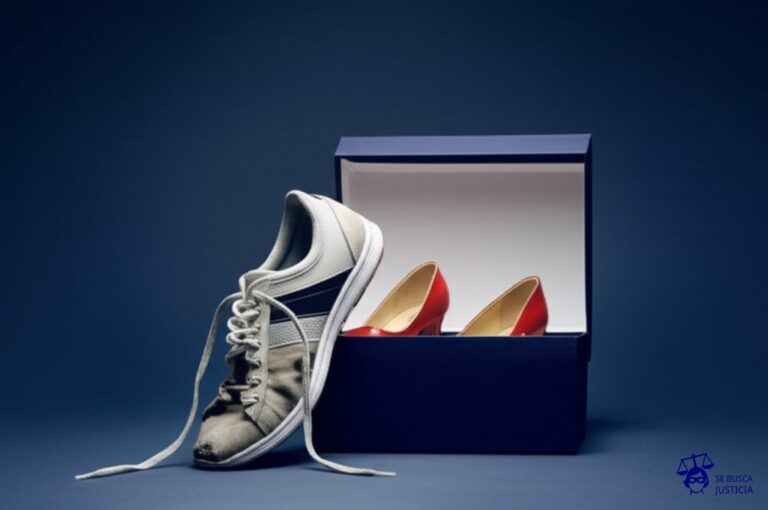 Un zapato deportivo genérico, con un cordón roto y sucio, intentando meterse a la fuerza en una elegante caja de zapatos de diseñador, que es visiblemente demasiado pequeña. Representa: Una empresa de calzado deportivo es demandada por utilizar una marca registrada en su publicidad para asociarse falsamente con una marca de lujo, intentando confundir a los consumidores y beneficiarse de su reputación.