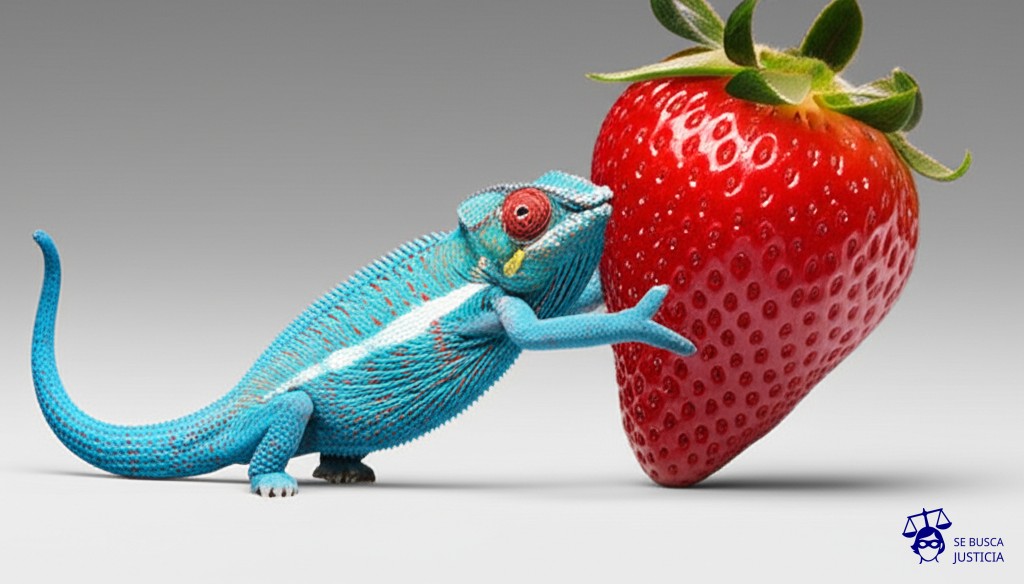 Un camaleón intentando desesperadamente cambiar de color para parecerse a una fresa gigante. Representa: Una empresa de cosméticos es acusada de utilizar un envase que es una copia casi exacta del envase de un producto icónico de una marca líder, generando confusión en los consumidores, violando la marca registrada.