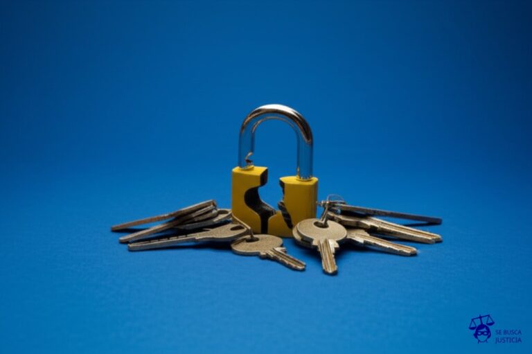 Un candado de juguete (simple y barato) roto en el suelo, con un montón de llaves oxidadas esparcidas a su alrededor. Representa: Una empresa de desarrollo de software es demandada por utilizar un algoritmo de encriptación propietario, el cual se filtró a través de un antiguo empleado, violando los secretos comerciales y las patentes.