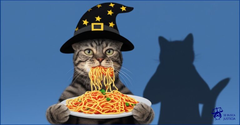 Un gato (empresa rival) con un gran sombrero de mago (idea del juego) comiendo vorazmente un plato de espaguetis (el juego en desarrollo), mientras que, a un lado, la sombra de otro gato (la empresa original) se proyecta, mostrando un gesto de sorpresa y con las manos en la boca. Representa: Una empresa de desarrollo de videojuegos alega que una compañía rival ha plagiado el concepto de juego, la historia y los personajes de un título que aún está en desarrollo, basándose en filtraciones.