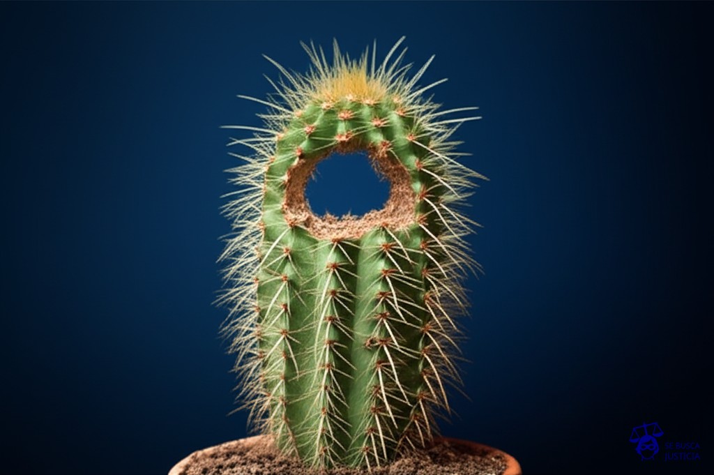 Un cactus robusto y floreciente, con un agujero en el centro y un puñado de tierra seca a su alrededor. Representa: Una empresa de jardinería realiza un trabajo deficiente que daña la vegetación de un jardín o cobra por servicios no realizados afectando el espacio del propietario.