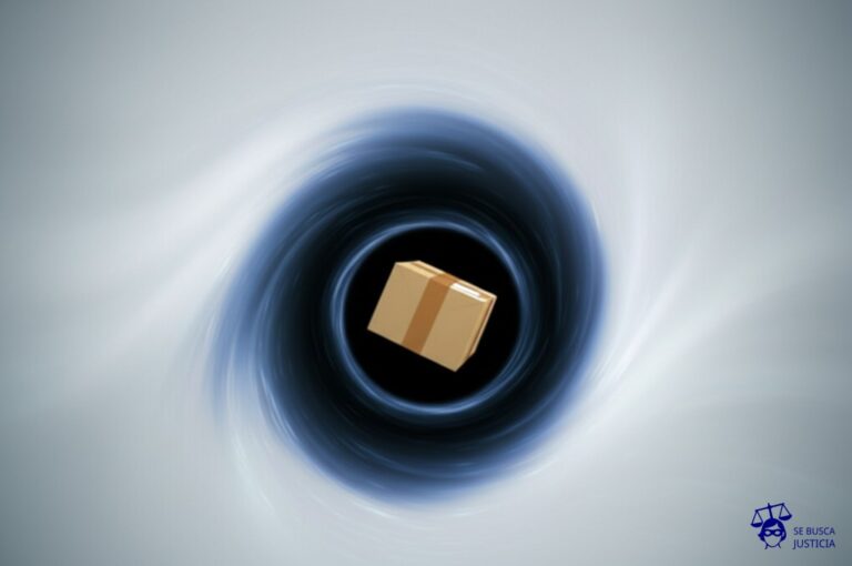 Un gran agujero negro, tragándose un paquete rectangular con una cinta de embalaje. Representa: Una empresa de mensajería extravía o daña un paquete durante el envío sin ofrecer una compensación adecuada por el valor de los bienes o el perjuicio causado al cliente.