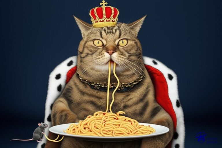 Un gran gato obeso (la empresa de videojuegos) con una corona de rey, comiendo un plato de espaguetis. Un pequeño ratón (el artista independiente) intenta, sin éxito, arrebatarle un fideo. Representa: Una empresa de videojuegos es demandada por utilizar una banda sonora que es una copia casi exacta de una composición de un artista independiente, sin la debida licencia ni el pago de regalías.