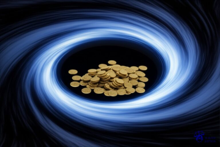 Un gran agujero negro que absorbe un puñado de monedas brillantes. Representa: Una inmobiliaria retiene indebidamente el dinero del depósito de garantía de un inquilino. El inquilino reclama la devolución de la garantía, pero la inmobiliaria se niega a devolver el dinero.