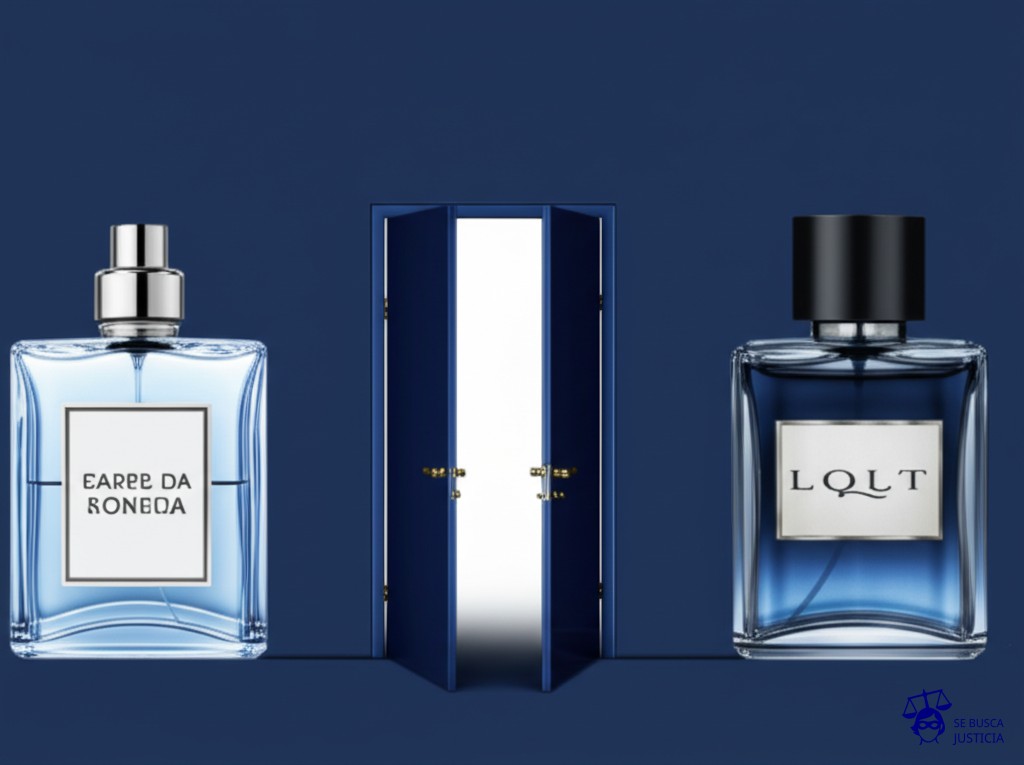 Dos botellas de perfume idénticas, una con una etiqueta genérica y la otra con una etiqueta de marca reconocida, intentando entrar por la misma puerta estrecha, pero la de la etiqueta genérica está atascada y la de la marca reconocida ya está dentro. Representa: Una marca de cosméticos es acusada de utilizar una fragancia que es una copia casi exacta de una fragancia patentada por otra marca, lo que genera una posible infracción de la patente de composición.