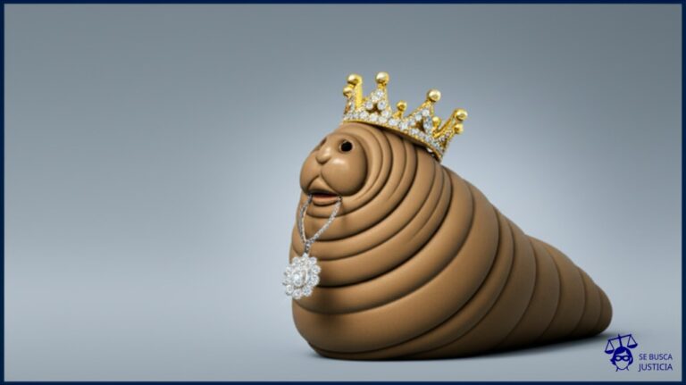 Un gusano obeso, con una corona brillante, tragando vorazmente un collar delicado y elegante, que sobresale ligeramente de su boca. Representa: Una marca de joyería es demandada por replicar el diseño de un collar exclusivo de un diseñador independiente, el cual se distingue por un engaste de piedras preciosas y una forma única, violando el diseño industrial.