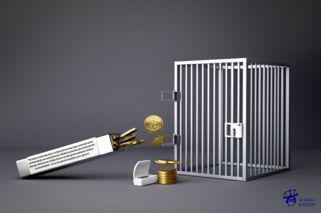 Un imán, con una etiqueta de adicción adherida, jalando una pila de monedas (representando el dinero robado) hacia una pequeña caja registradora vacía, mientras una gran jaula (prisión) se cierra lentamente sobre el imán. Representa: Una persona, adicta a las drogas, roba una tienda para conseguir dinero para su consumo. Es detenida y se inicia un proceso penal. La defensa pide la inimputabilidad por el estado de adicción, argumentando que el imputado actuó bajo un estado de necesidad patológico y que el tratamiento de rehabilitación es una mejor solución que la prisión.