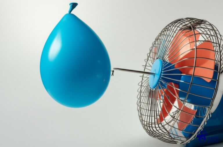 Un globo inflado (la víctima) siendo perforado con un alfiler diminuto (los mensajes), mientras que un ventilador (la defensa) intenta desviar la trayectoria del alfiler, sin éxito. Representa: Una persona amenaza a otra a través de mensajes de texto con causar daño a su familia. La víctima, aterrorizada, denuncia. La fiscalía imputa el delito de amenazas coactivas. La defensa alega que los mensajes fueron enviados en un estado de ira y frustración, sin una verdadera intención de cumplir las amenazas, y que son producto de un conflicto de larga data entre las partes.