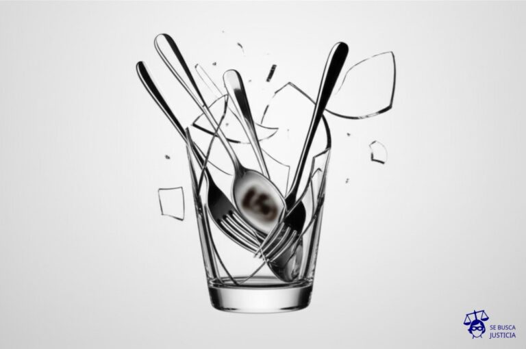 Un vaso de cristal roto en mil pedazos, con un grupo de cubiertos de plata flotando a su alrededor, y en el centro, una gran mancha borrosa y deforme que intenta, sin éxito, agarrar uno de los cubiertos. Representa: Una persona, en un estado de ebriedad extrema, rompe el escaparate de un local comercial y sustrae varios artículos de valor. La acusación lo imputa por robo. La defensa, sin negar el hecho, argumenta que el estado de ebriedad era tan avanzado que el imputado no era consciente de sus actos, buscando la inimputabilidad por falta de conciencia en el momento del delito.