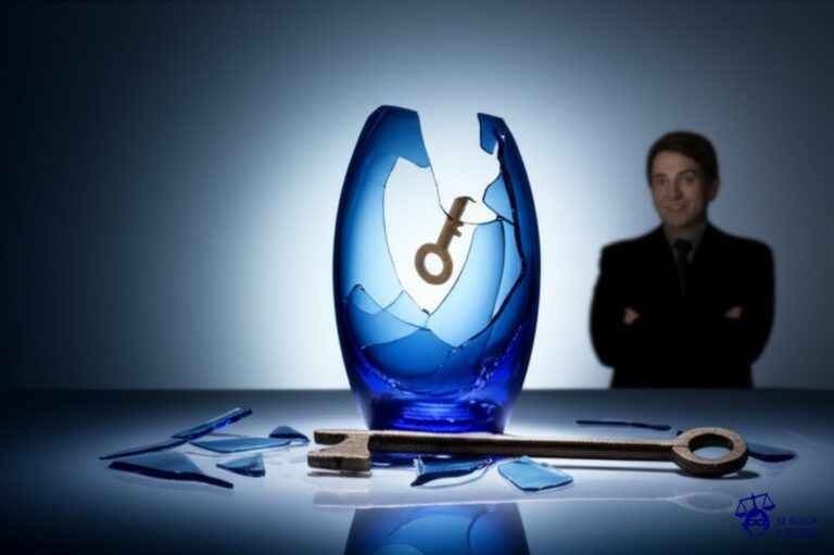 Un jarrón de cristal (la víctima) quebrado en mil pedazos, con una llave oxidada (la defensa) intentando pegarlos torpemente con pegamento de juguete, mientras una sombra alargada (el acusado) observa la escena con una sonrisa cínica. Representa: Una persona publica en internet un video de su ex pareja sin su consentimiento, lo que le causa un grave daño emocional y reputacional. La víctima denuncia. La acusación tipifica el delito de difusión de imágenes privadas. La defensa argumenta que el video fue grabado con consentimiento de la víctima en su momento y que su posterior divulgación se produjo por una supuesta venganza pasional, buscando atenuar el dolo de la acción.