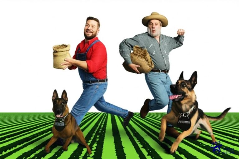 Un granjero (la startup) con un saco lleno de semillas (el producto biotecnológico) es perseguido por un perro guardián (el investigador universitario) que lleva una placa de Patente en el collar, mientras ambos corren alrededor de un campo de cultivo. Representa: Una startup de biotecnología es demandada por un investigador universitario por utilizar en su producto una secuencia de ADN modificada que fue patentada por el laboratorio de la universidad, violando la patente de invención biológica.