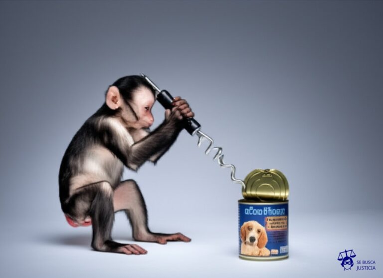 Un mono torpe intentando abrir una lata de comida para perros con un sacacorchos, mientras una lata de diseño sofisticado (la original) está perfectamente abierta y al alcance. Representa: Una startup de energía solar es acusada de copiar el diseño de un panel solar patentado, que se caracteriza por una tecnología de captura de energía única y un diseño modular y ergonómico.