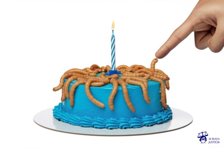 Un pastel con gusanos saliendo por todas partes, con una vela encendida en la cima. Un dedo (el del inquilino) está a punto de apagar la vela. Representa: Una vivienda alquilada tiene problemas graves de plagas, pero el propietario se niega a solucionar el problema. El inquilino denuncia las condiciones insalubres de la vivienda ante el municipio.