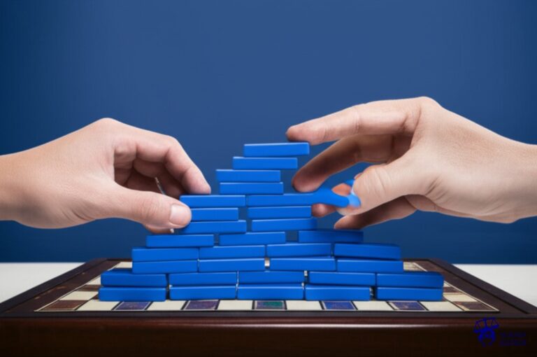 Un par de manos (representando a dos países) jugando un juego de mesa. Una mano, de forma inesperada y tramposa, pone una barrera gigante (un muro de ladrillos simple) sobre el tablero, impidiendo el avance de las piezas de la otra mano. Representa: Violación de acuerdos de libre comercio por imposición de aranceles o barreras no arancelarias unilaterales lo que genera una disputa ante la Organización Mundial del Comercio y un conflicto comercial entre los Estados