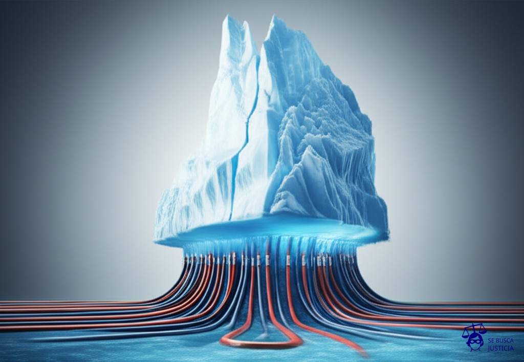 Un iceberg con grietas profundas, del cual se desprenden bloques que se fusionan con una red de tuberías subterráneas que se extienden por todo el planeta. Representa: Violación de la Convención contra el Tráfico Ilícito de Estupefacientes por un Estado que no coopera en la interdicción de redes criminales lo que socava la seguridad global y el esfuerzo internacional por combatir el narcotráfico