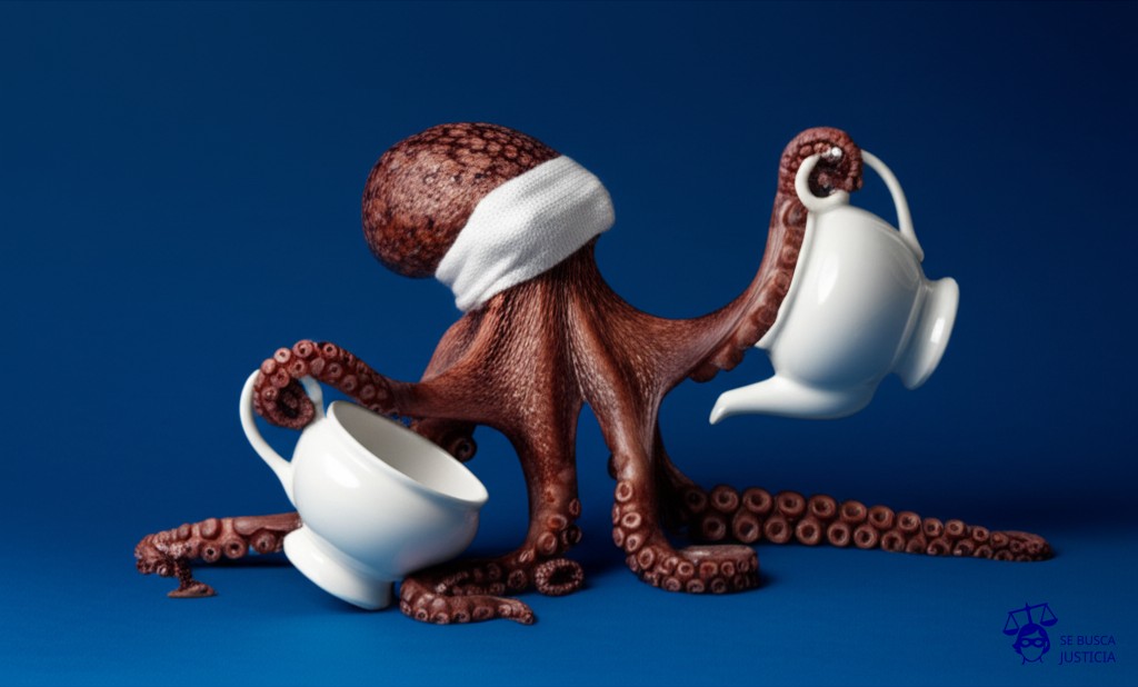 Un pulpo con un ojo vendado intentando servir una taza de té torcida. Representa: Decisiones arbitrales polémicas en la final de Copa Davis 2012 (España vs R. Checa)